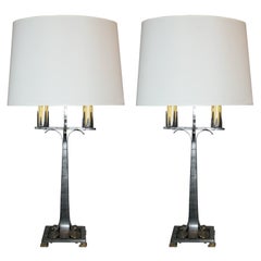 Jules Bouy Table Lamps Pair Art Deco hammered iron and brass 1920's