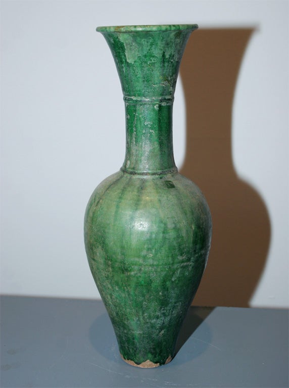 rare green glazed liao dynasty trumpet mouth vase, minor repairs to mouth