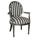 Black-Painted French-Style Armchair in Striped Linen