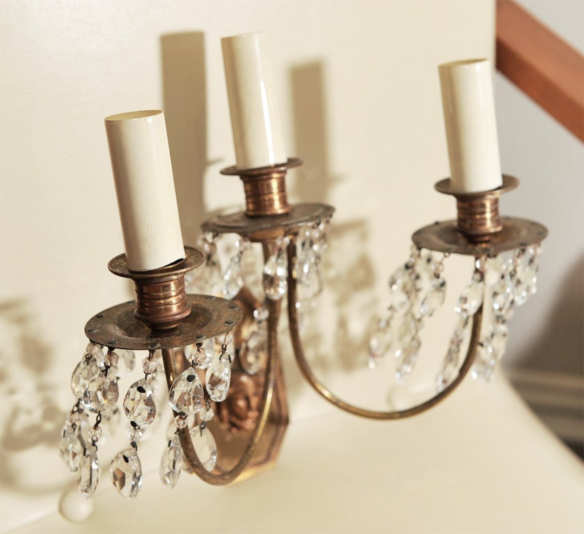 Pair of French Bronze and Crystal Sconces with Detailed Face For Sale 1
