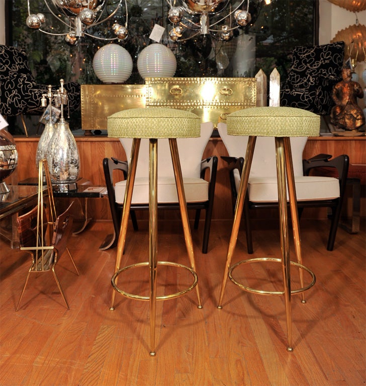Italian Upholstered Brass Tripod Stools
