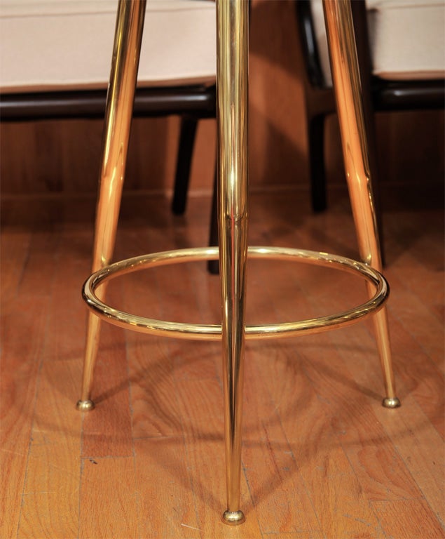 Upholstered Brass Tripod Stools In Excellent Condition In New York, NY