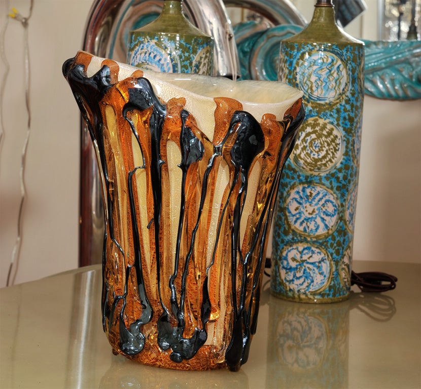 Amber and blue Murano glass "melting" vase