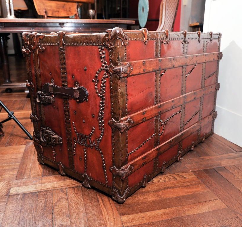 Unusual 19th Century Red Leather Theatrical Dresser's Trunk by Stallman's of Columbus with Wooden Banding, Brass Trim, and Fitted Interior with Three Working Drawers. Original Owner's Intials in Metal Tacking Reads, 