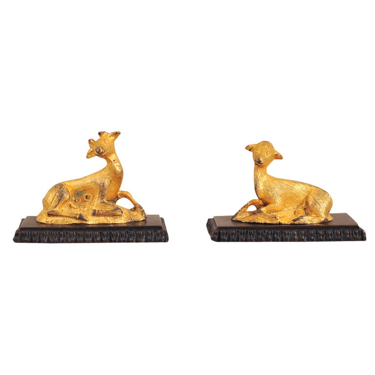 Pair Diminutive Gilt Bronze Deer, England, c. 1830