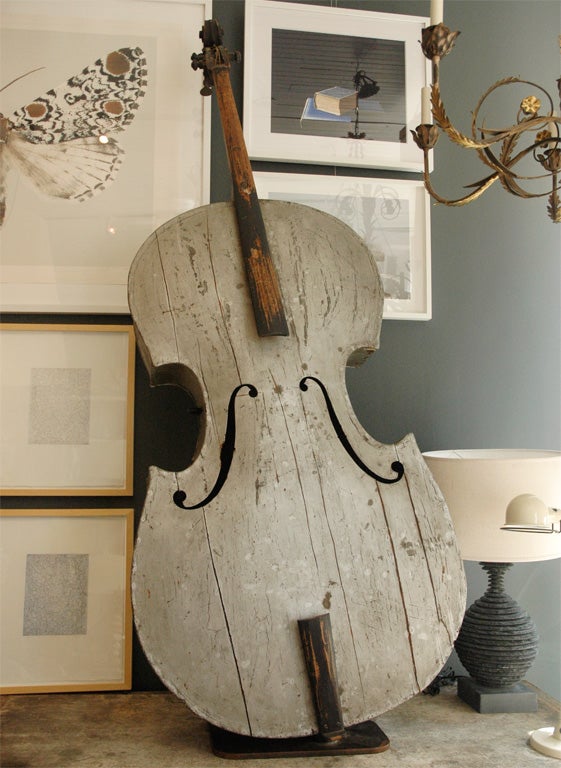 Striking painted bass fiddle in grey paint, originally from Tennessee on a new steel stand