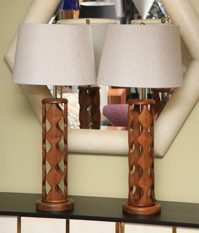 Pair Italian Sculptural Walnut Table Lamps