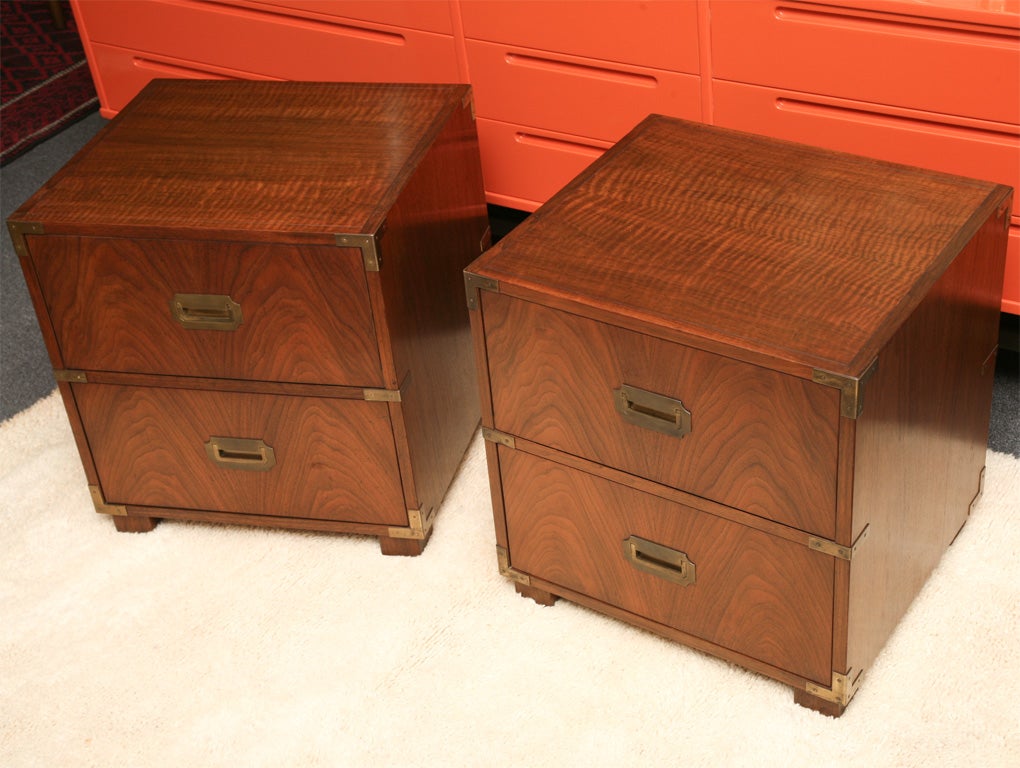 Fine Campaign Style Walnut Nightstands by Baker