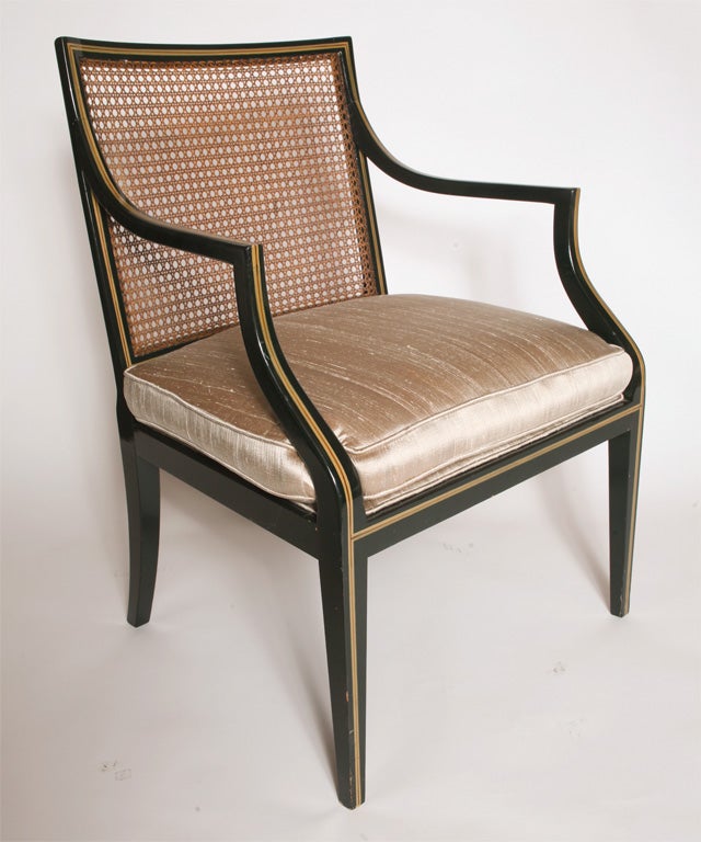 Beautiful pair of Arm chairs with inlayed wood,cane and raw silk