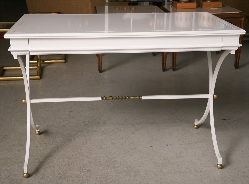 White Lacquer Desk on Wrought Iron and Brass Base