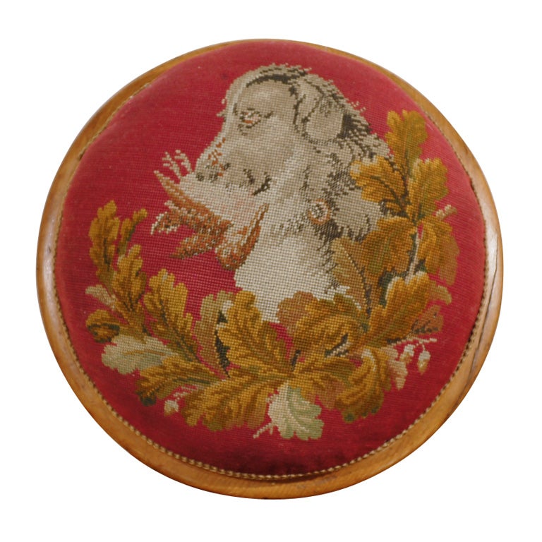 19th Century English Needlpoint Stool with Hunting Dog
