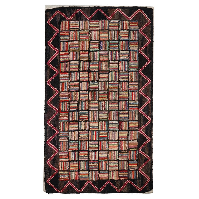 Rare Scale 1930s Mounted Hand HookEd Log Cabin Rug