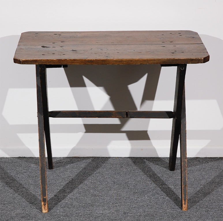 19THC ORIGINAL BLACK PAINTED SAW BUCK TABLE