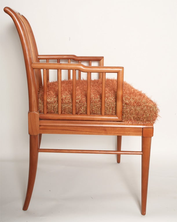 Fine & rare John Widdicomb set of 6 dining chairs in cherry with brass accents designed by J. Stuart Clingman. Two arm chairs, and four side chairs.  Please see the matching table also listed on 1stdibs.com.  ***Contact Information: AOL (American