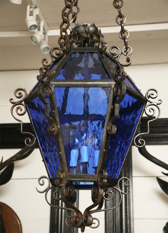 Wrought iron with blue glass panels,original chain and top,3 lights