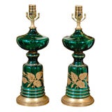 Pair Green Mercury Glass lamps with Gilt Decoration