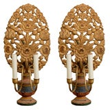 Pair Wooden Italian Altar Reflectors Adpapted as Sconces