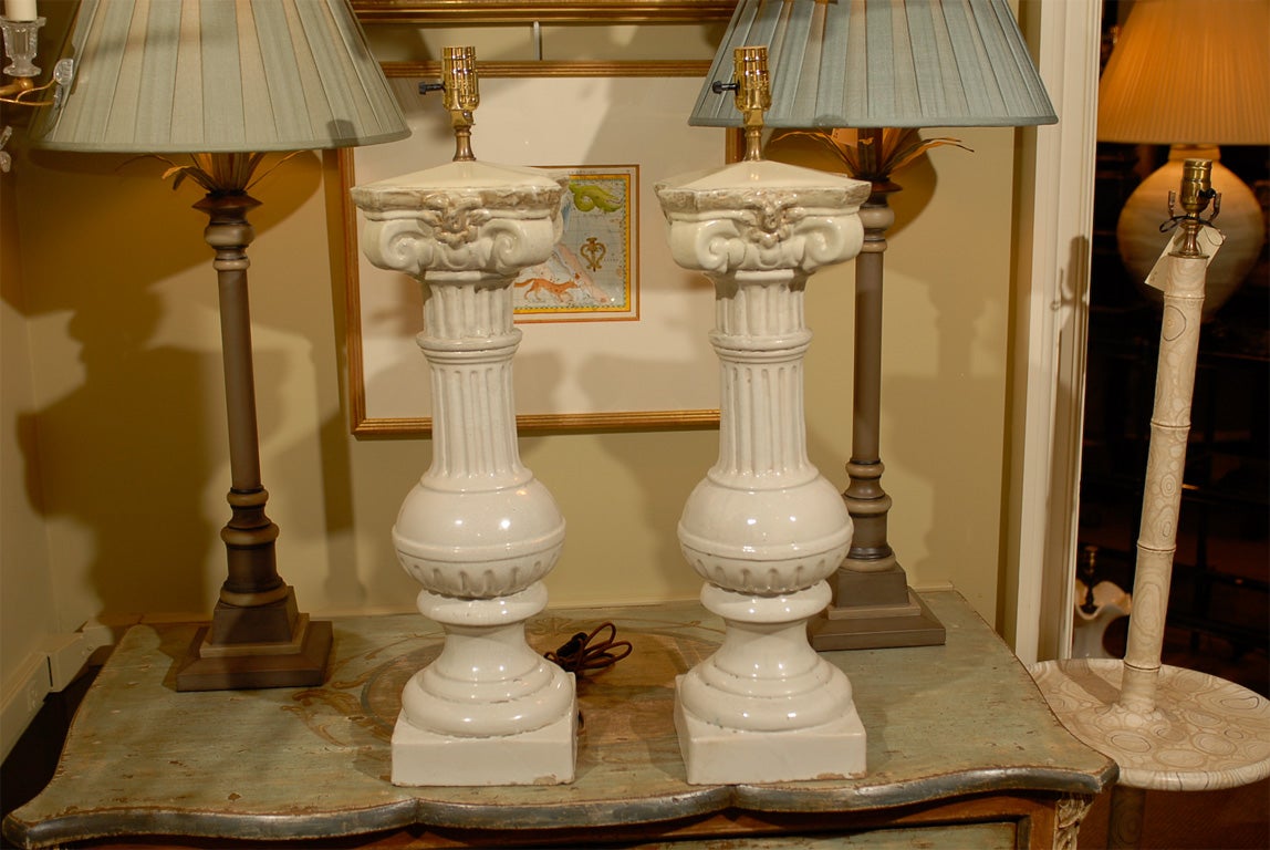 Pair 19th Century Portuguese Glazed Cream Balusters As Lamps