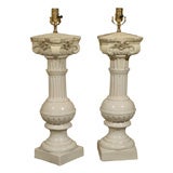 Antique Pair 19th Century Portuguese Glazed Cream Balusters As Lamps