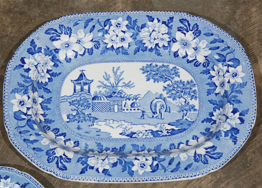 English Antique Blue & White Elephant / Pagoda pattern  Serving Dishes