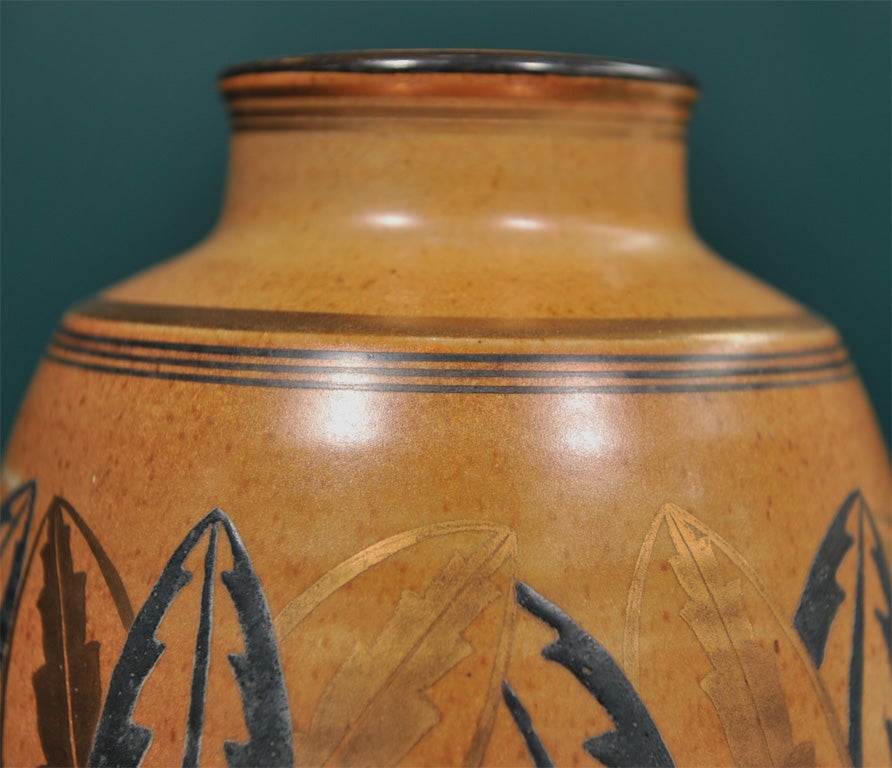 20th Century Ceramic Vase with Leaf Decoration by Jean Luce, French 1925 For Sale