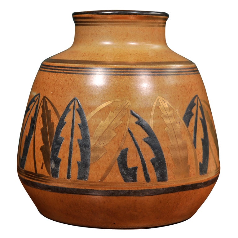 Ceramic Vase with Leaf Decoration by Jean Luce, French 1925 For Sale