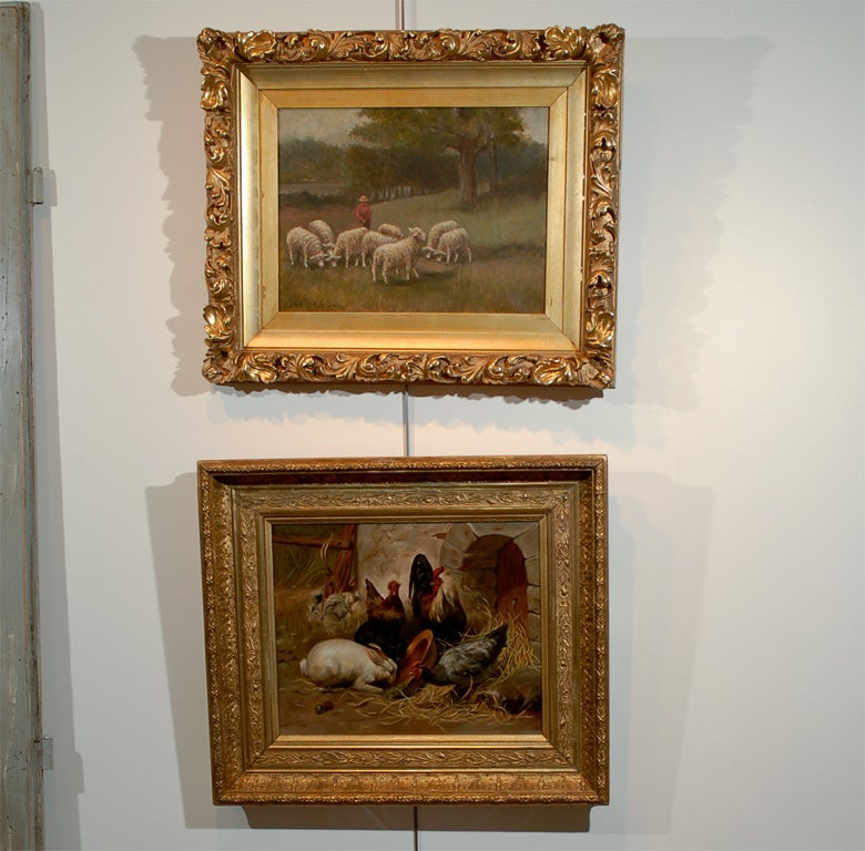 Oil painting of a rabbit with chickens in a barnyard. Antique giltwood frame