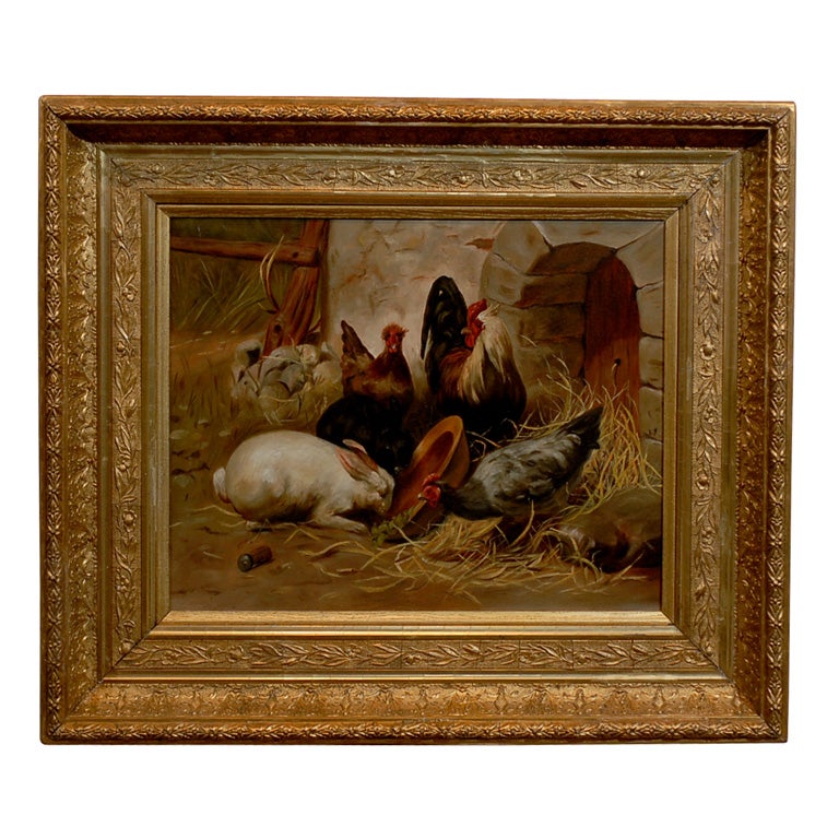 Oil Painting of Rabbit  with Chickens
