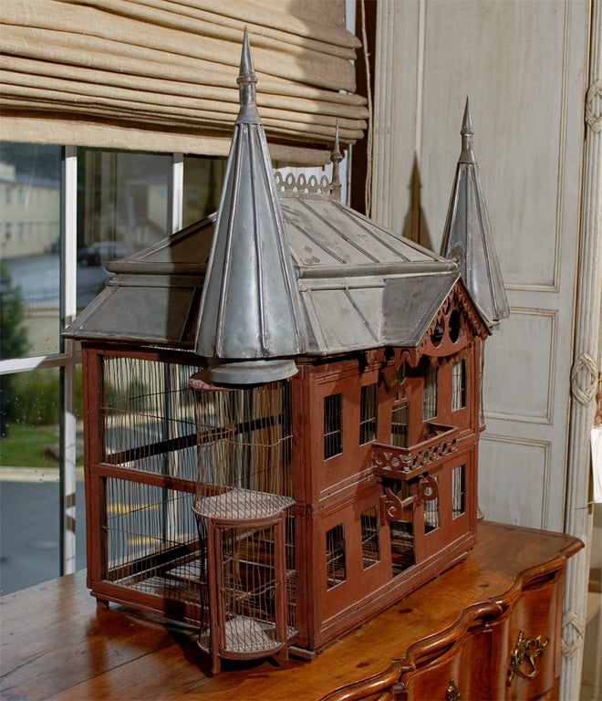 French 19th Century Medieval Château Pewter and Wood Birdcage with Turrets For Sale 4