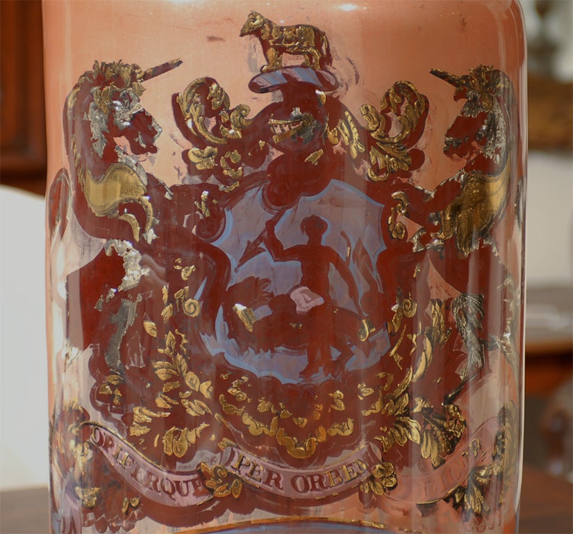 Metal English 19th Century Painted Glass Apothecary Jar with Coat of Arms and Motto