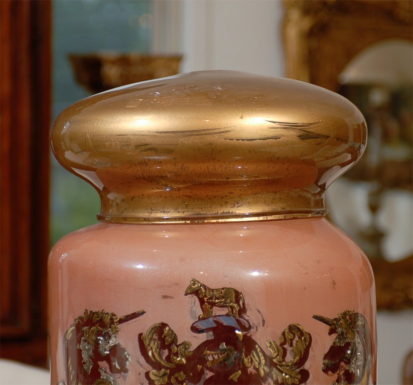 English 19th Century Painted Glass Apothecary Jar with Coat of Arms and Motto 1