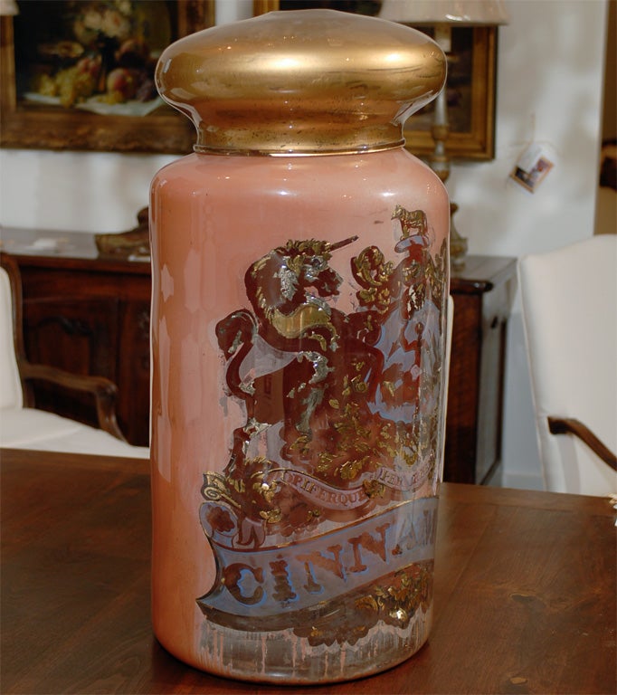 English 19th Century Painted Glass Apothecary Jar with Coat of Arms and Motto 2