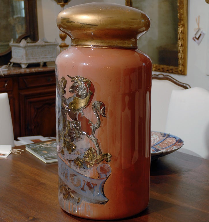 English 19th Century Painted Glass Apothecary Jar with Coat of Arms and Motto 3