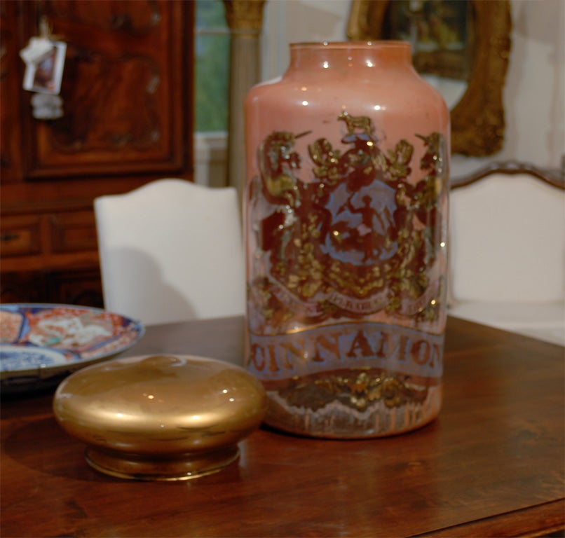 English 19th Century Painted Glass Apothecary Jar with Coat of Arms and Motto 5