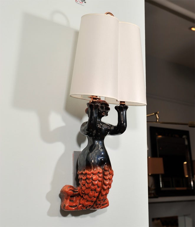 Whimsical Mermaid sconce by Jouve, signed with cypher to back. all copper hardware, new shade (after original)
