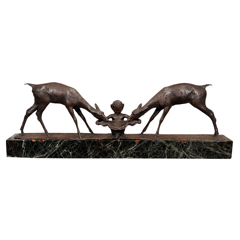 “Two Deer and Faun” Bronze Group by Ary Bitter