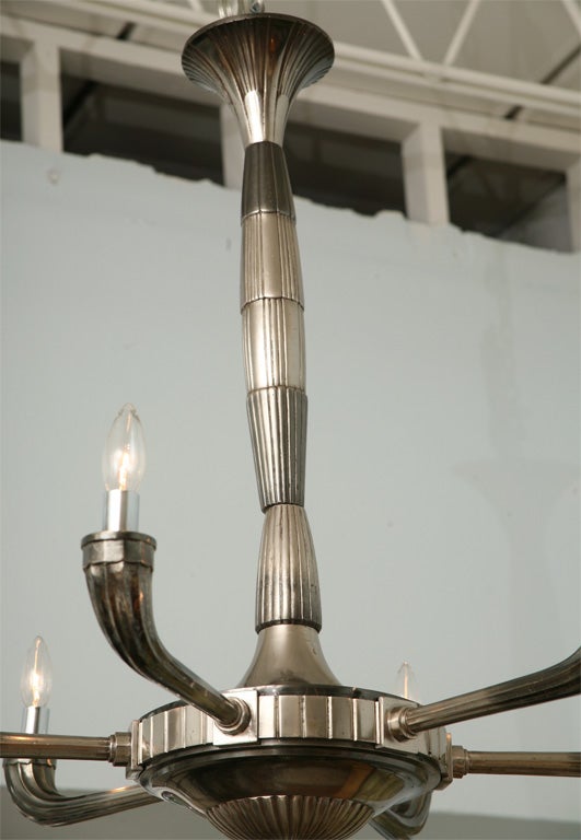 French Large Art Deco Polished Nickel Six-Light Chandelier For Sale