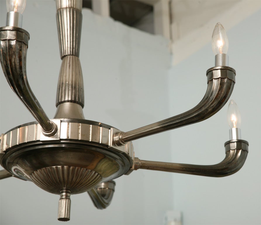 Large Art Deco Polished Nickel Six-Light Chandelier In Excellent Condition For Sale In Hollywood, FL