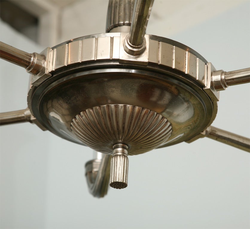 Mid-20th Century Large Art Deco Polished Nickel Six-Light Chandelier For Sale