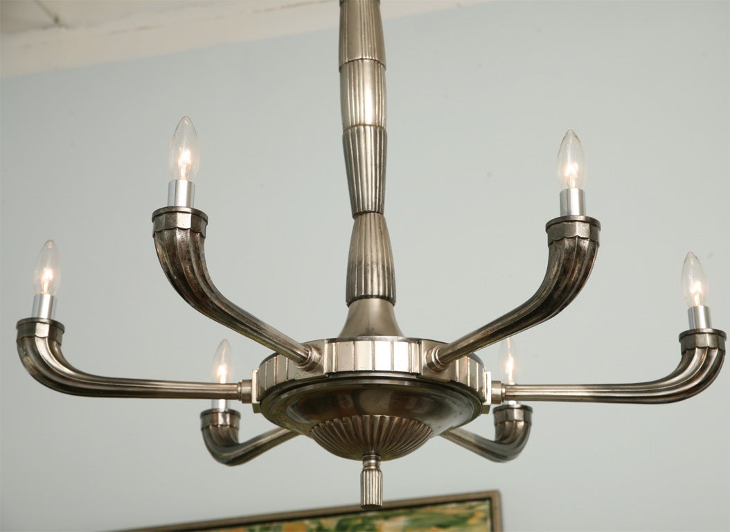 Large Art Deco Polished Nickel Six-Light Chandelier For Sale 1