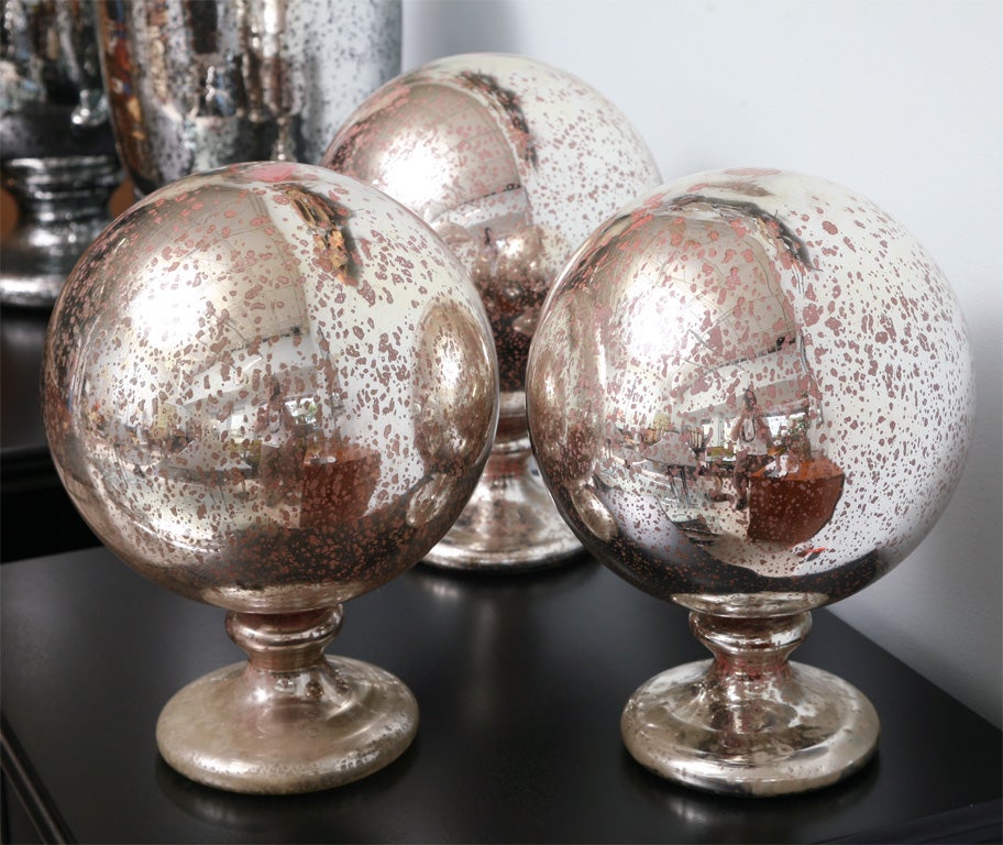 A Group of 3 Large Mercury Glass Spheres on stands In Excellent Condition In Hollywood, FL