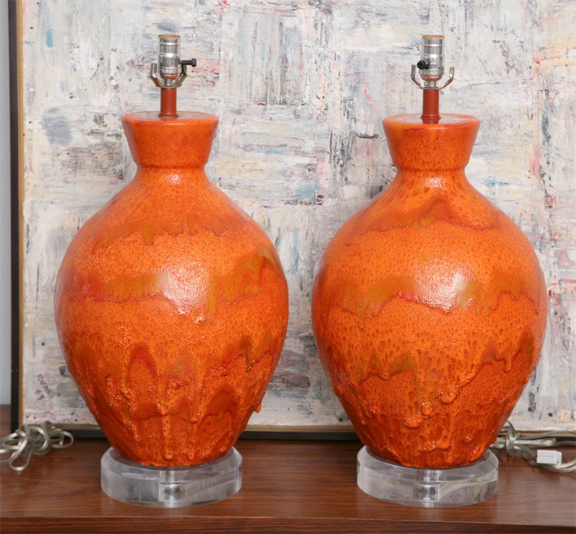 The vase form with highly mottled orange glaze on later Lucite bases- note 1st height includes shade.
