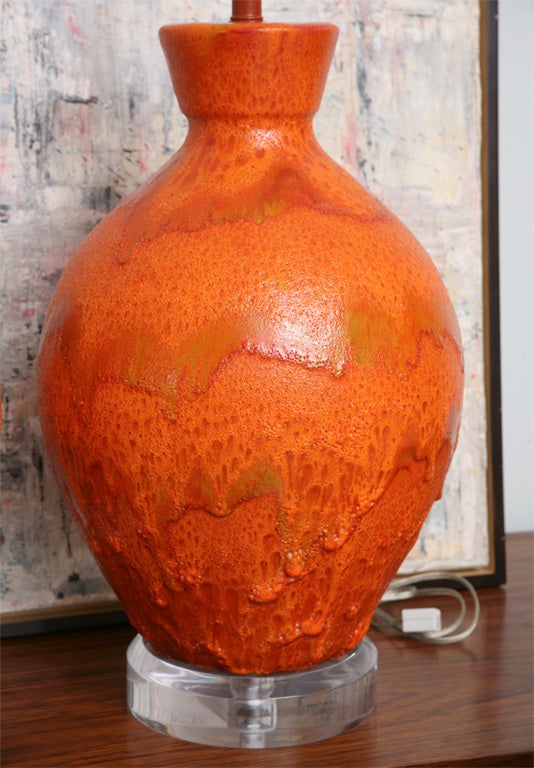 American Pair of Monumental Sized Orange Mottled Glaze Ceramic Lamps For Sale