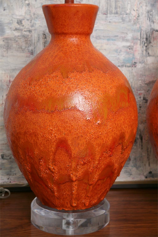 Pair of Monumental Sized Orange Mottled Glaze Ceramic Lamps In Excellent Condition For Sale In Hollywood, FL