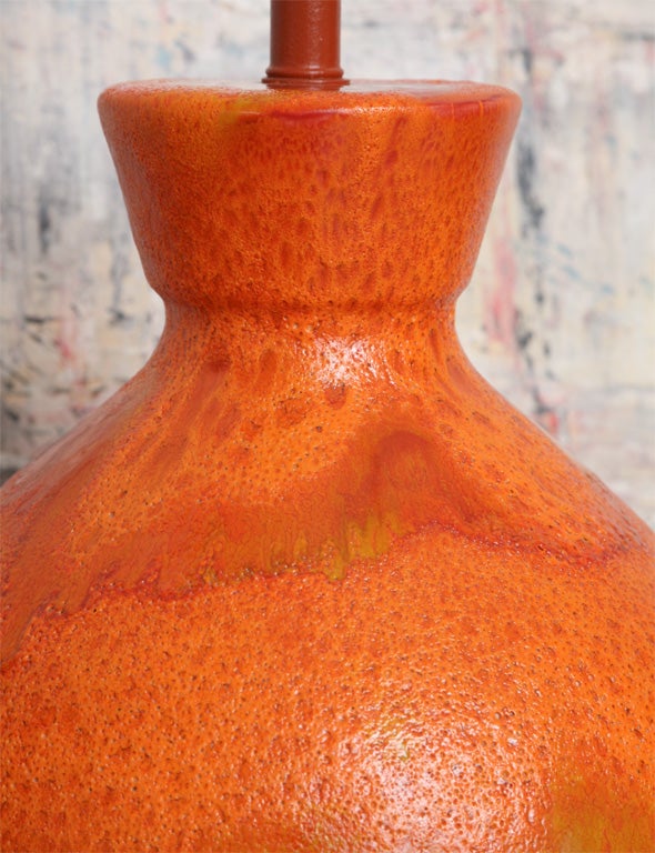 Pair of Monumental Sized Orange Mottled Glaze Ceramic Lamps For Sale 1