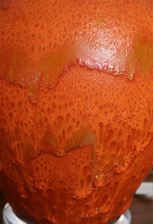 Pair of Monumental Sized Orange Mottled Glaze Ceramic Lamps For Sale 2