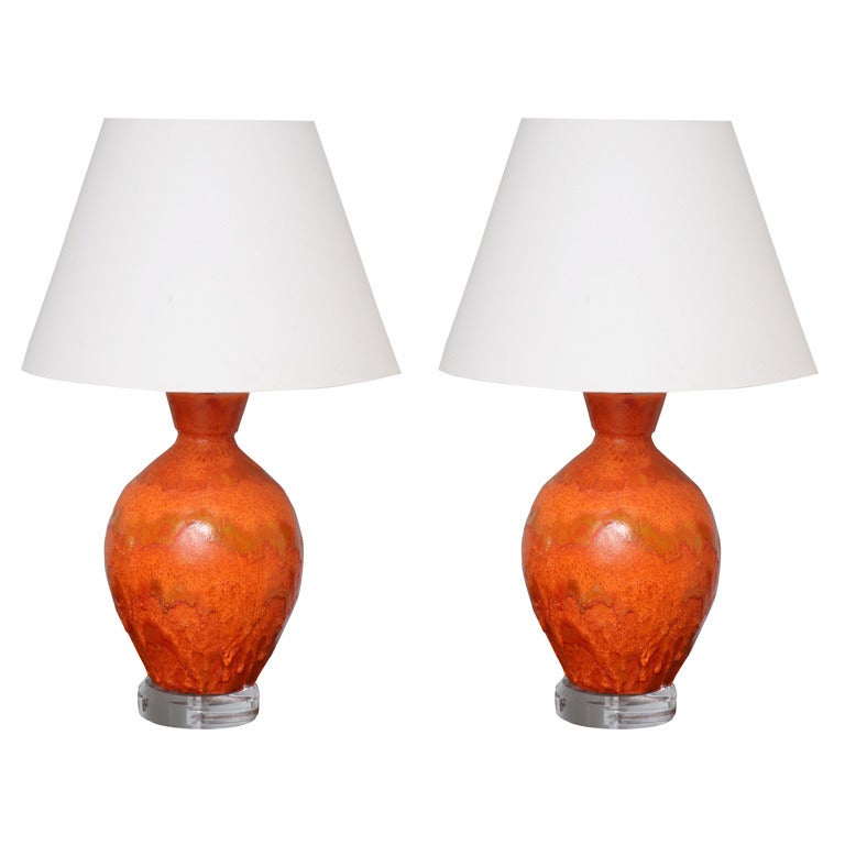 Pair of Monumental Sized Orange Mottled Glaze Ceramic Lamps For Sale