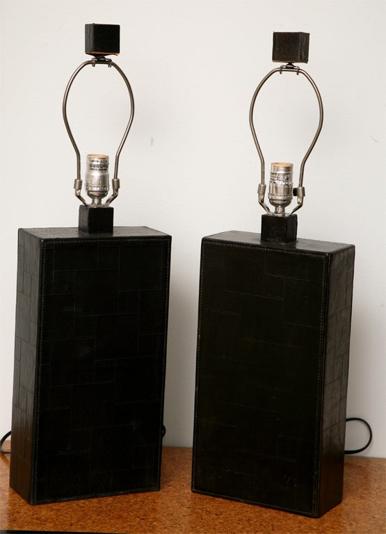 Pair of Black Leather Table Lamps in the Style of Adnet In Excellent Condition In Hollywood, FL