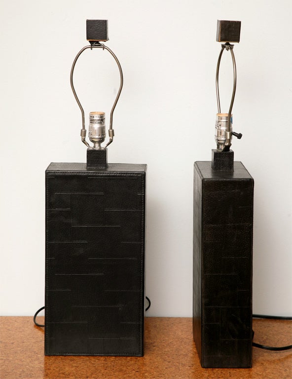 Pair of Black Leather Table Lamps in the Style of Adnet 1