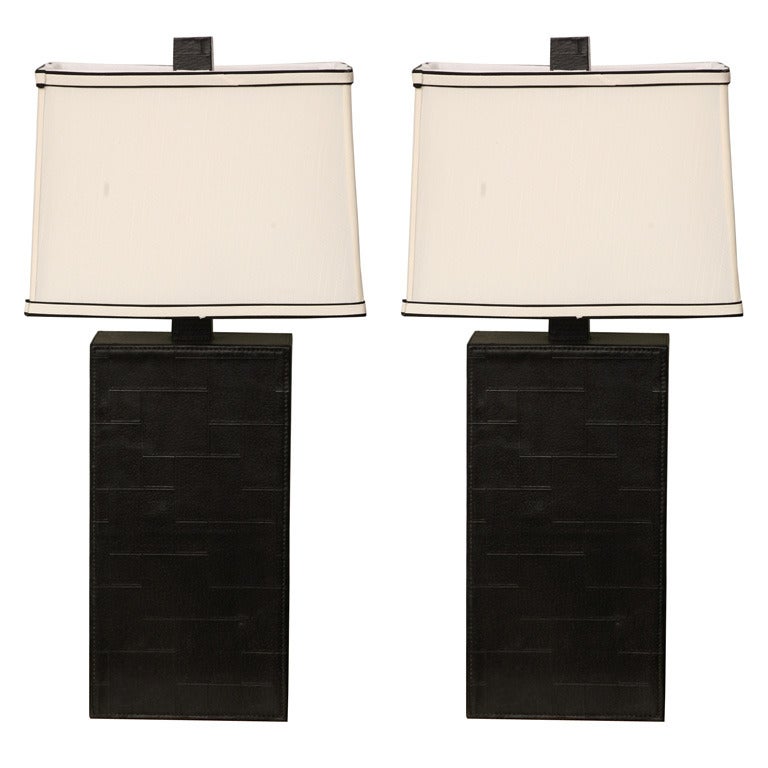 Pair of Black Leather Table Lamps in the Style of Adnet